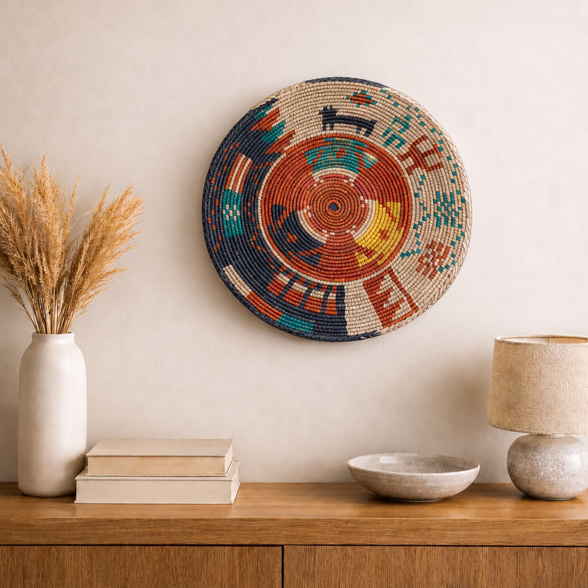Ancient Lore Bold woven wall basket displayed on an interior wall