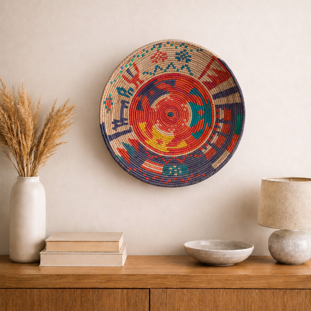 Ancient Lore Morganite woven wall basket displayed on an interior wall