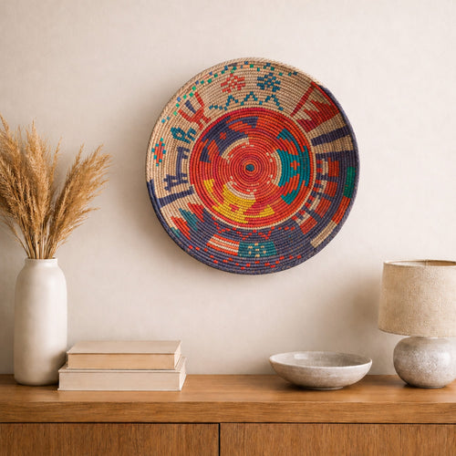 Ancient Lore Morganite woven wall basket displayed on an interior wall