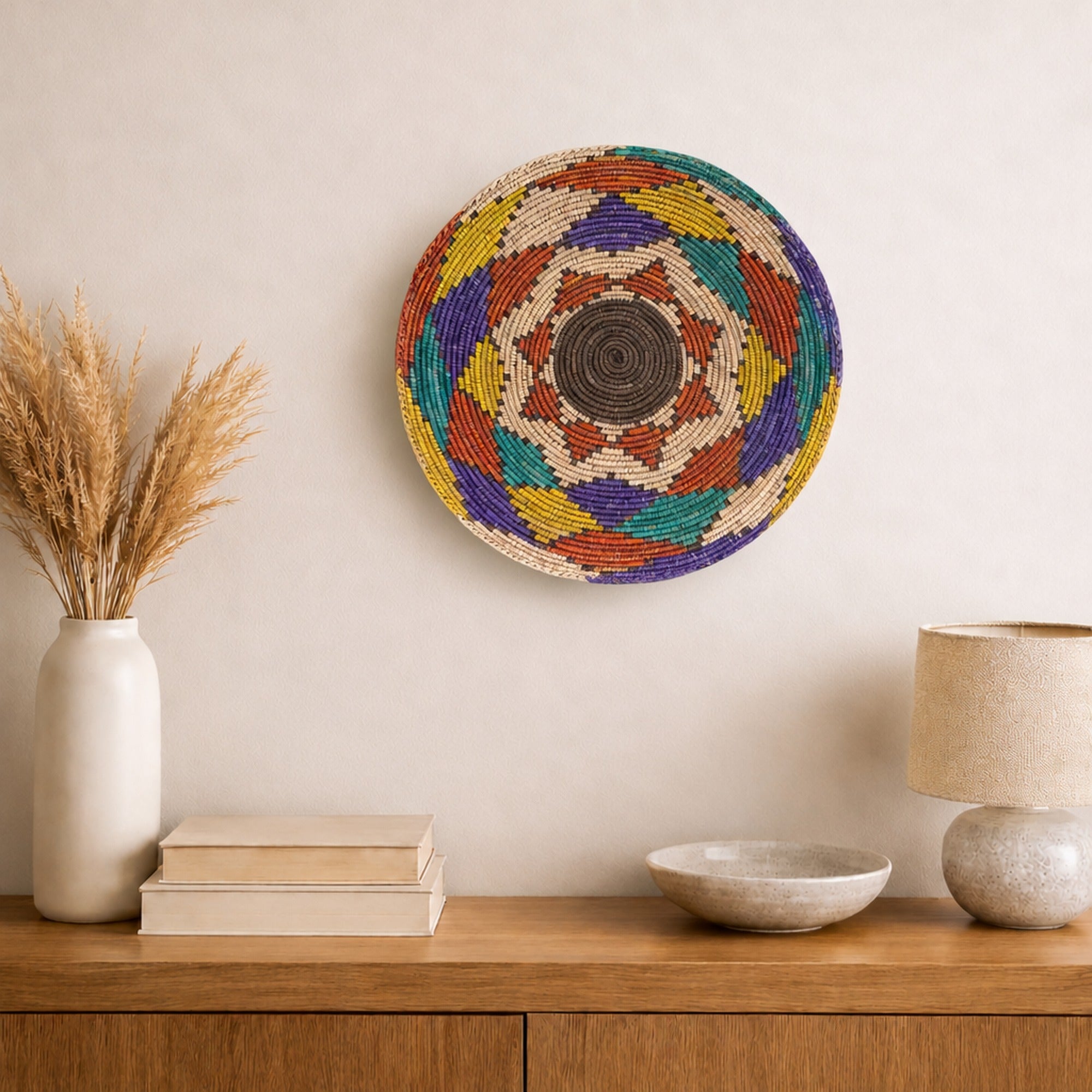 Canyon Prism woven wall basket displayed on an interior wall