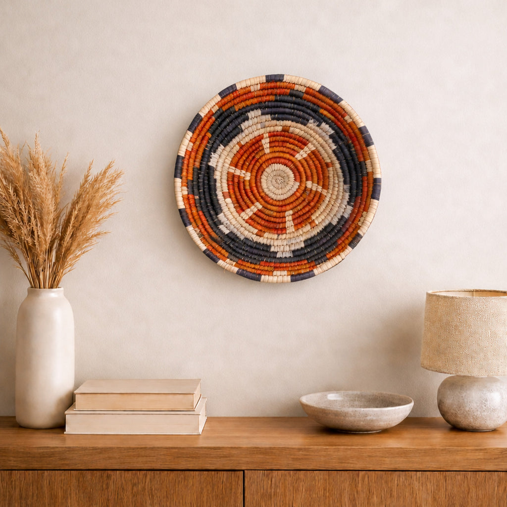 Cinder woven wall basket displayed on an interior wall