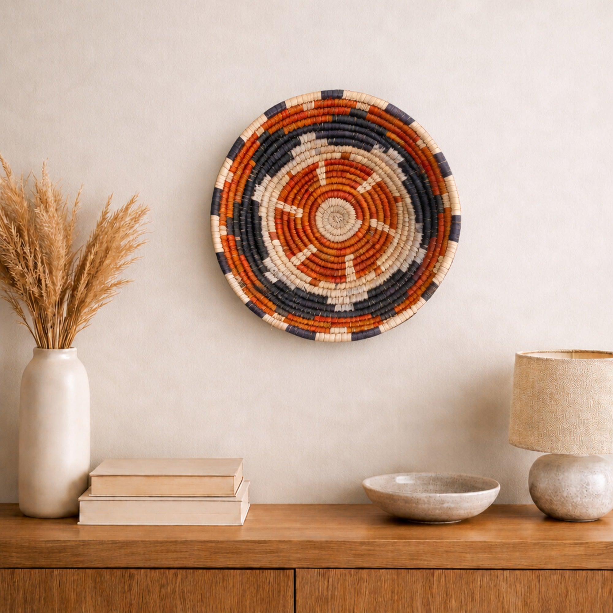 Cinder woven wall basket displayed on an interior wall