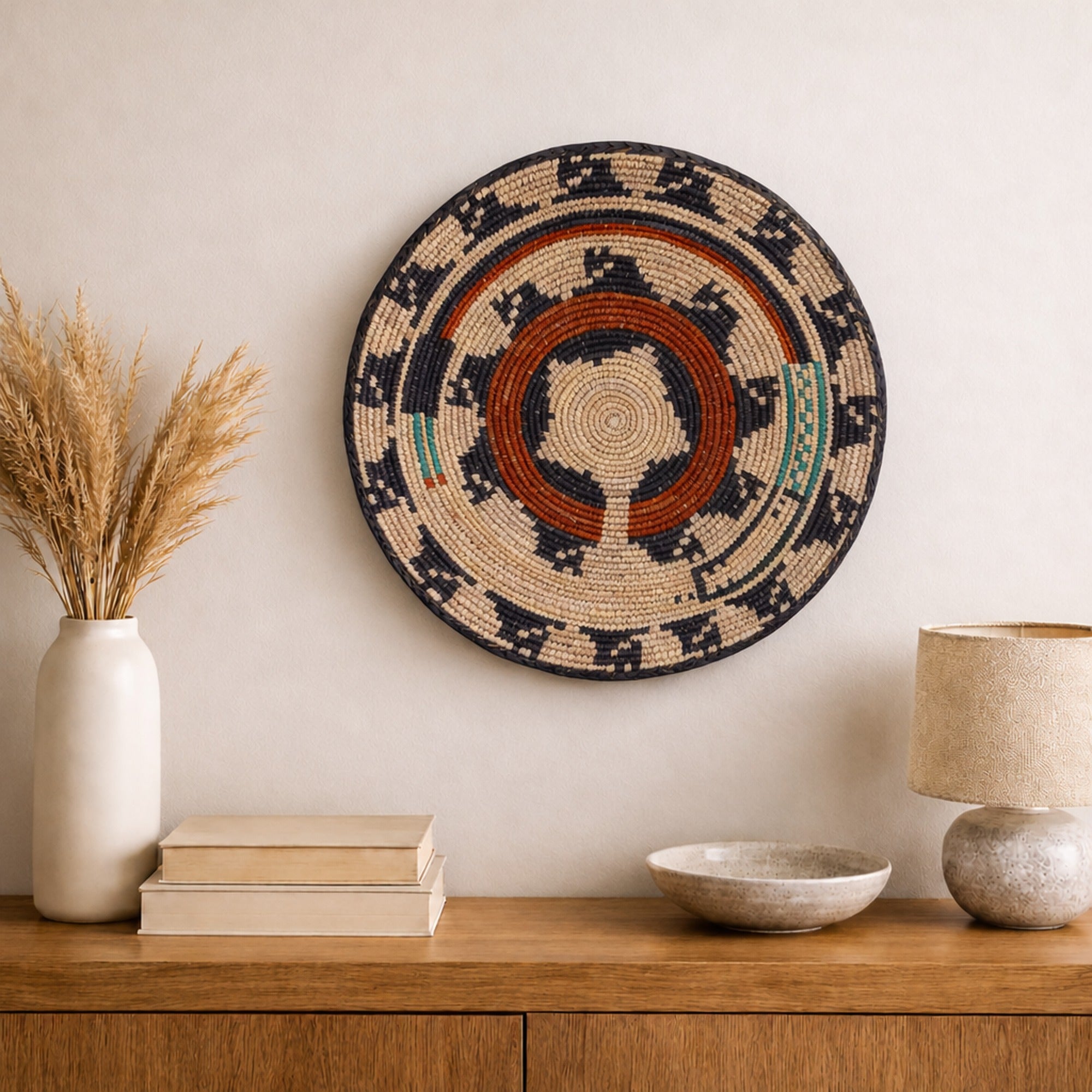 Dark Waves woven wall basket displayed on an interior wall
