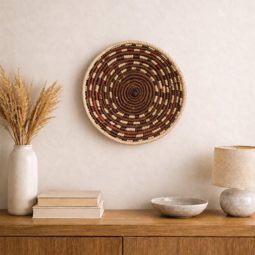 Element Dusk woven wall basket displayed on an interior wall