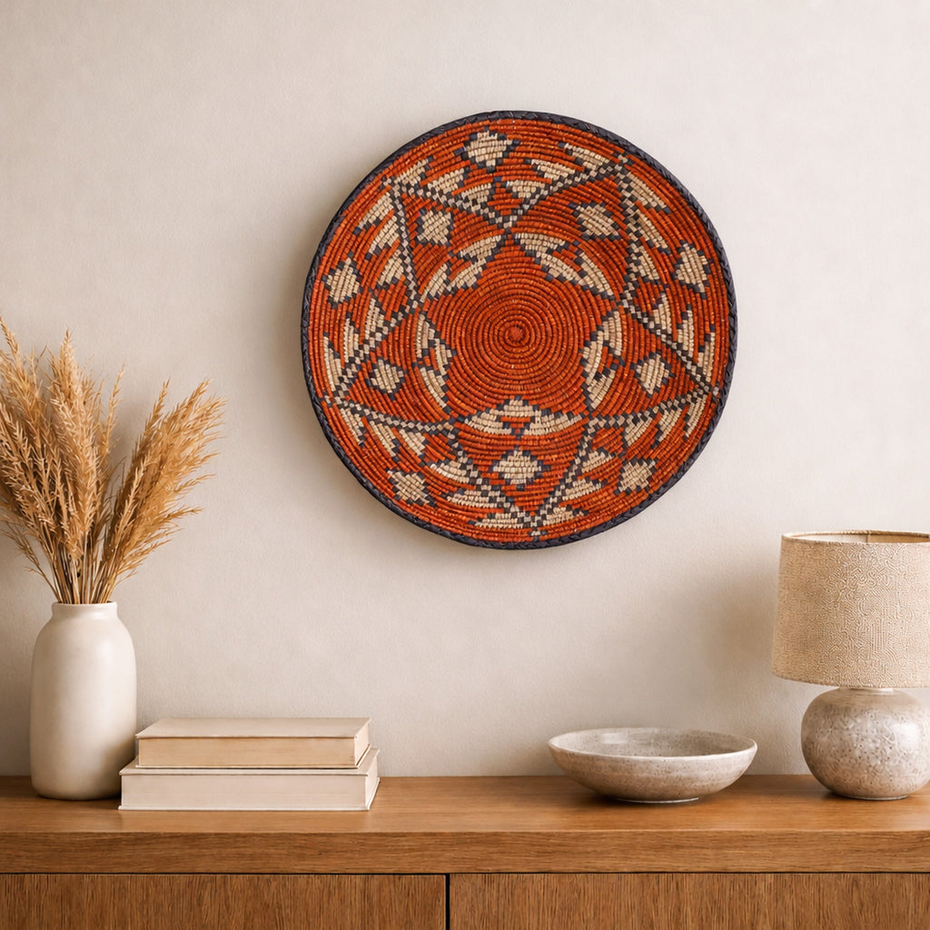 Ethnicity woven wall basket displayed on an interior wall