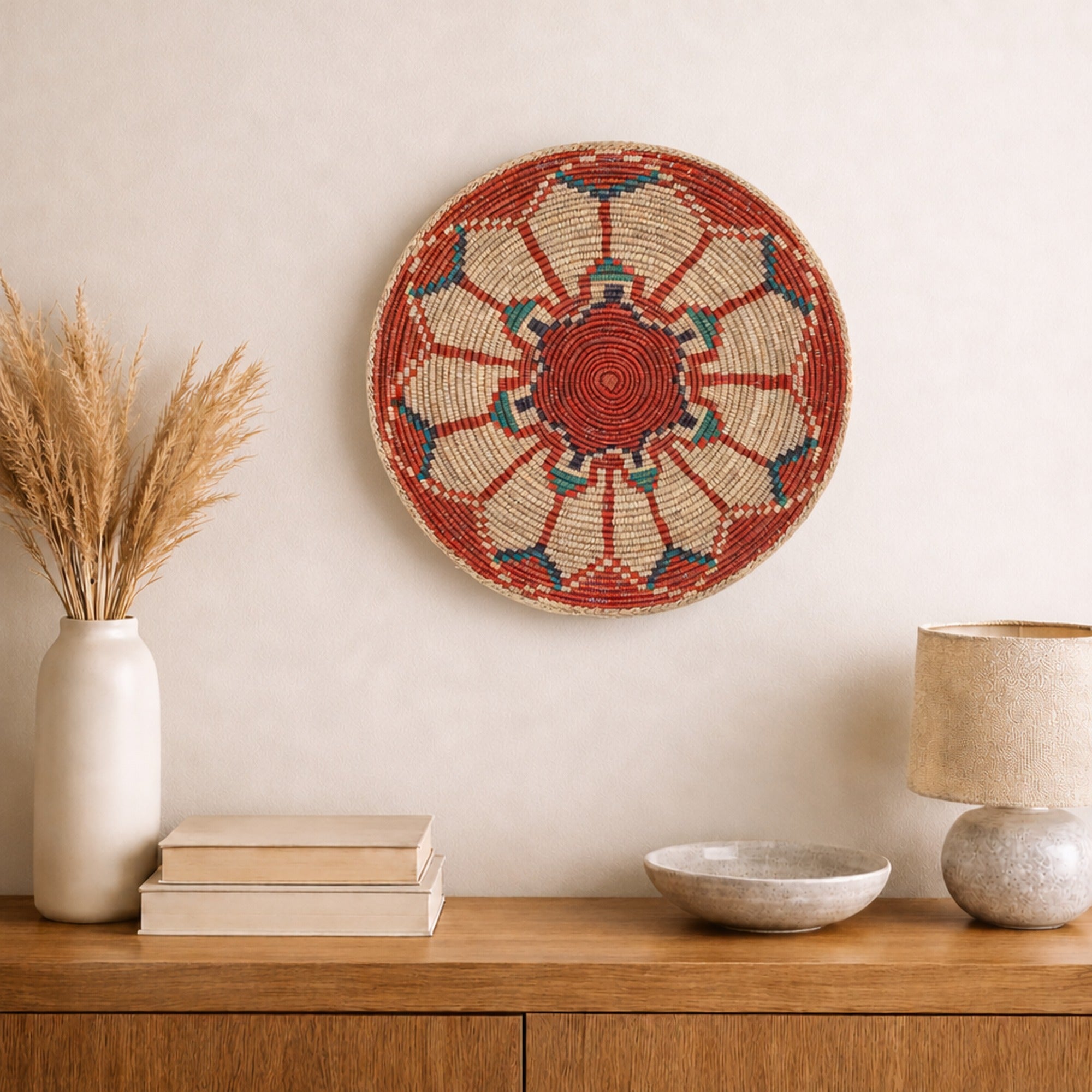 Fluorescence Blush woven wall basket displayed on an interior wall