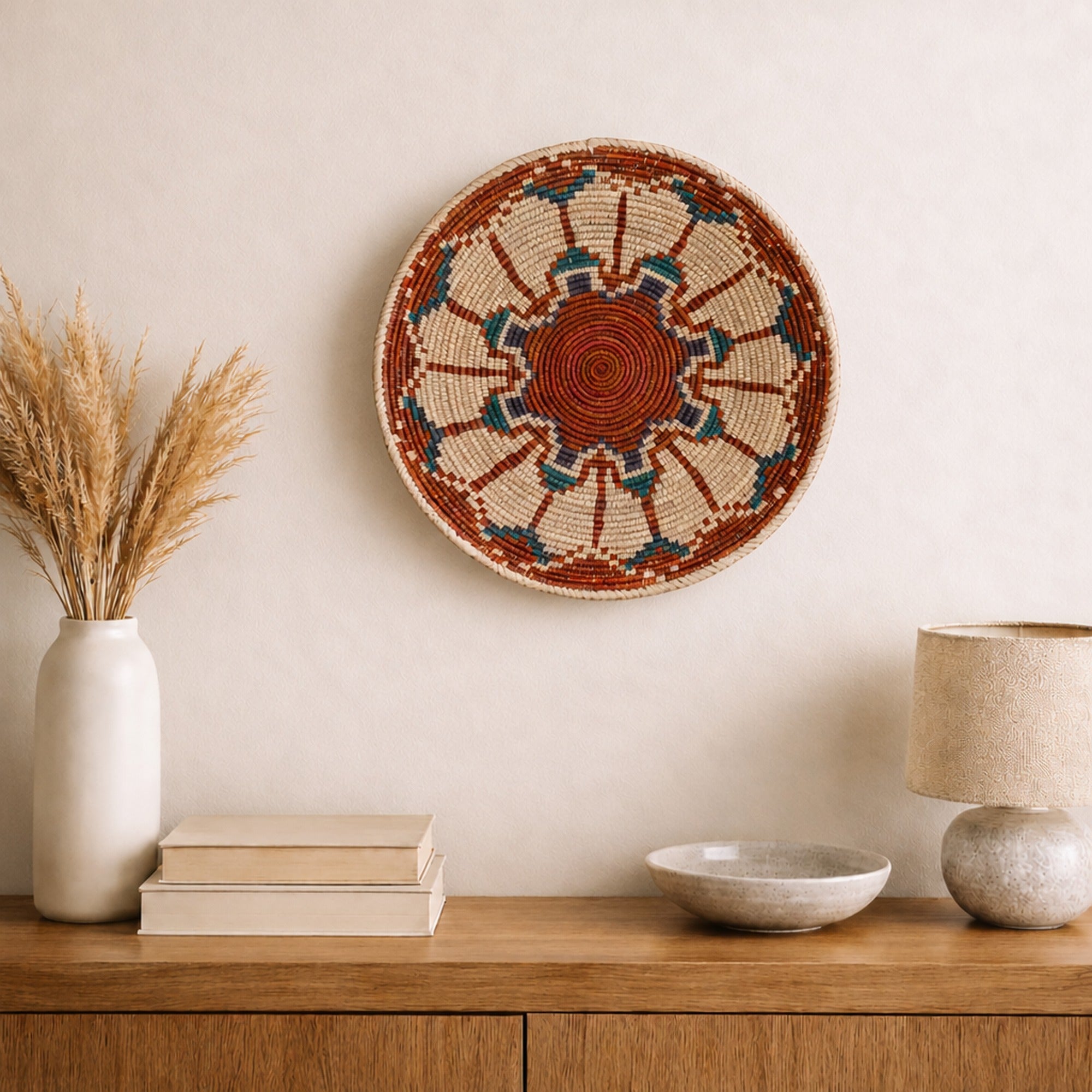 Fluorescence Ruby woven wall basket displayed on an interior wall