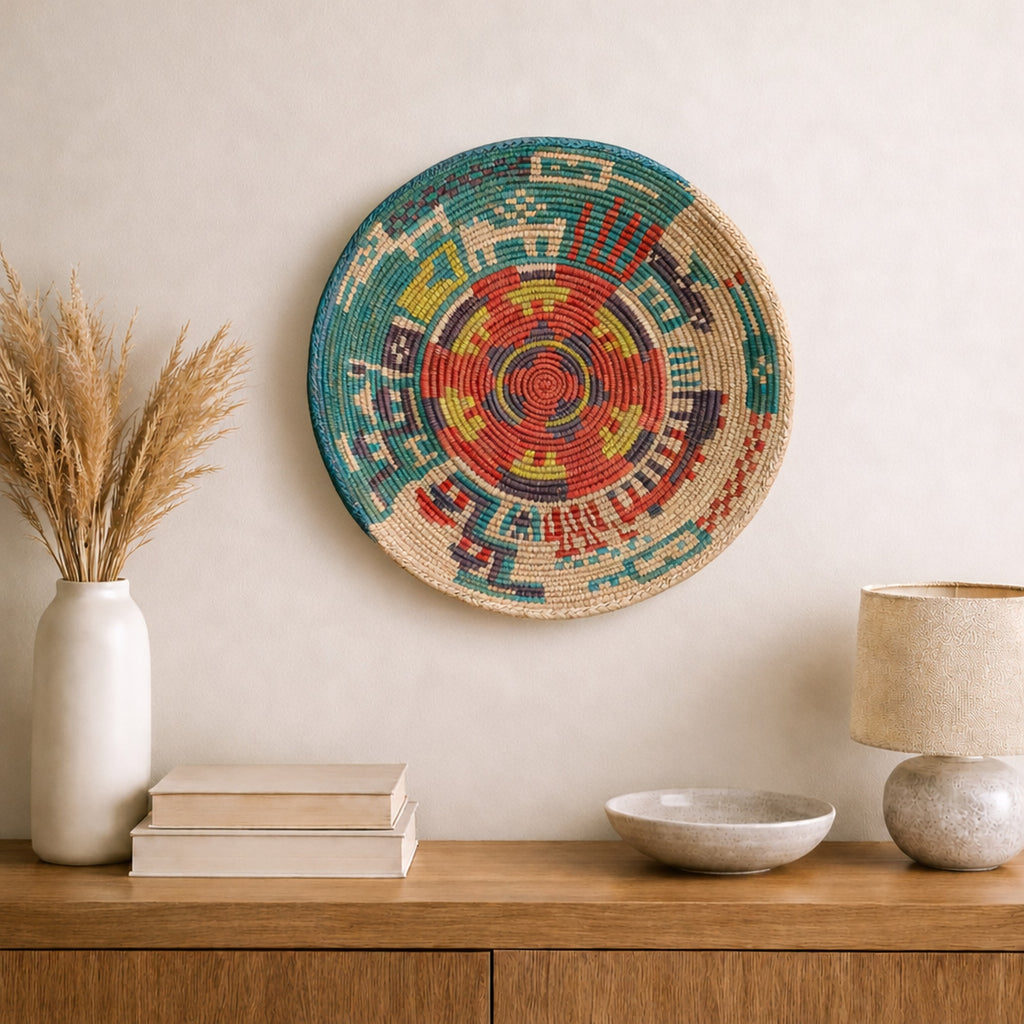 Jungle Lore Emerald woven wall basket displayed on an interior wall