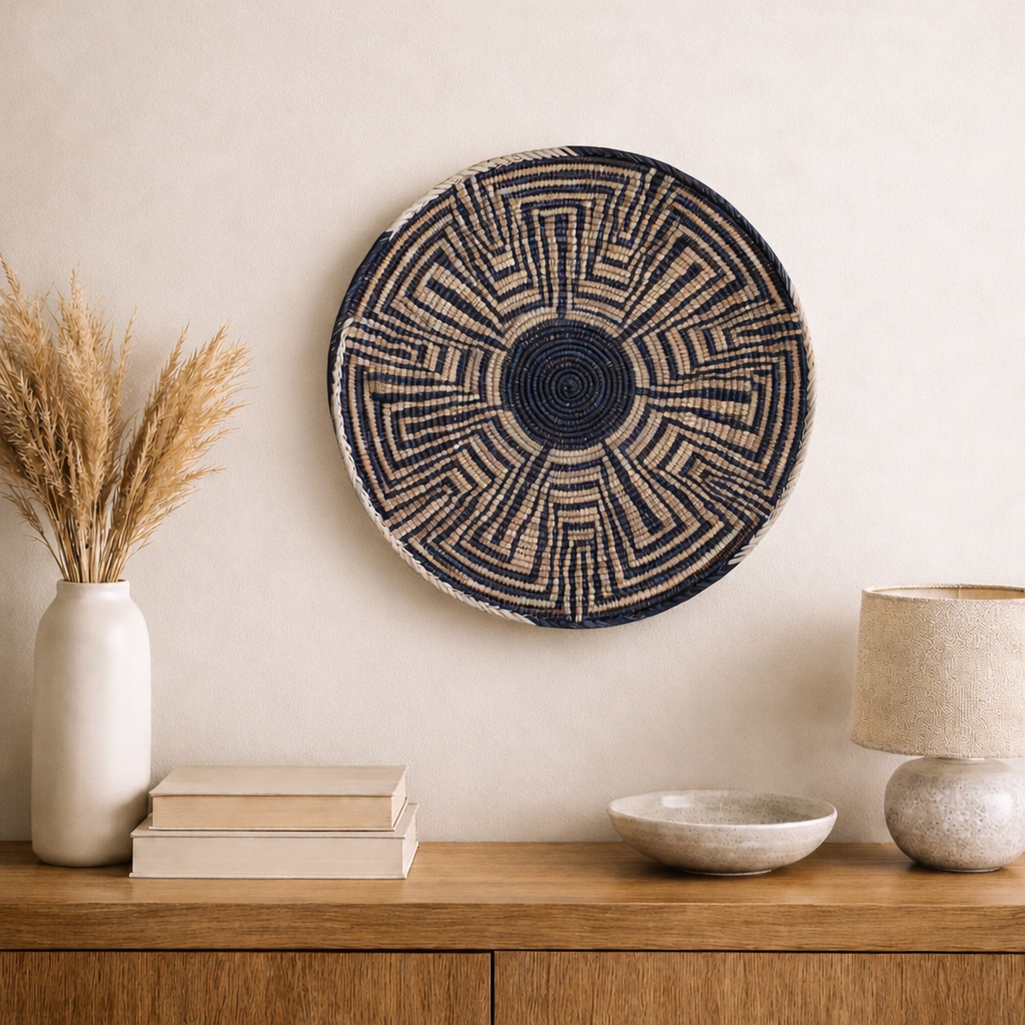 Maze woven wall basket displayed on an interior wall