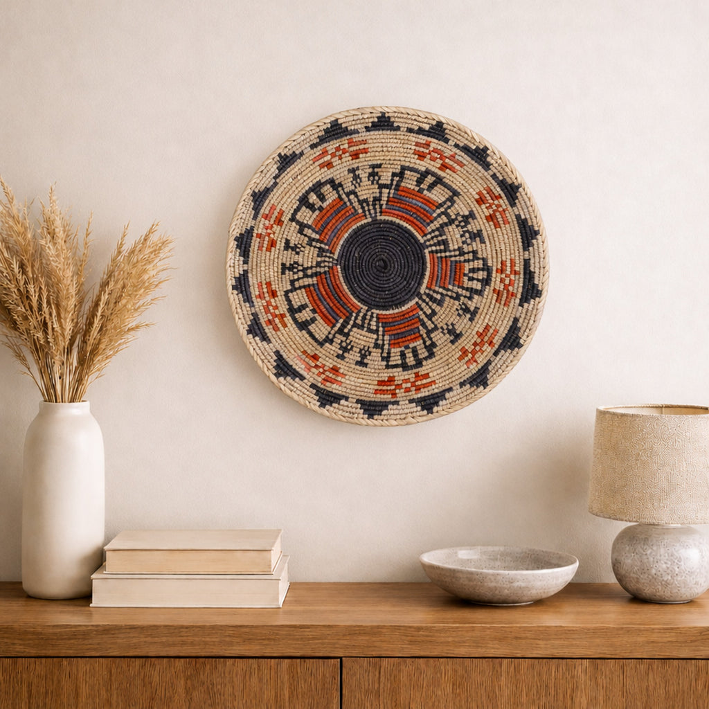 Mystery Garnet woven wall basket displayed on an interior wall