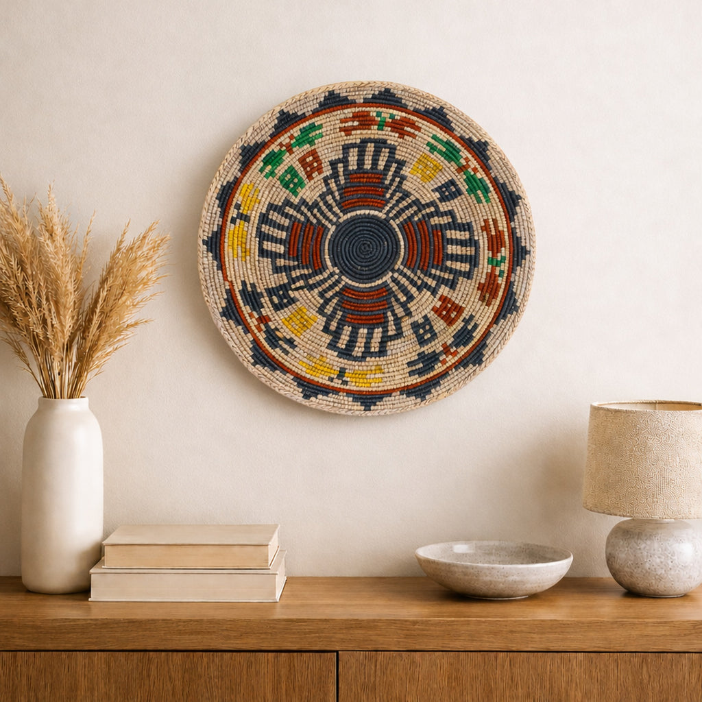 Mystery Sphene woven wall basket displayed on an interior wall