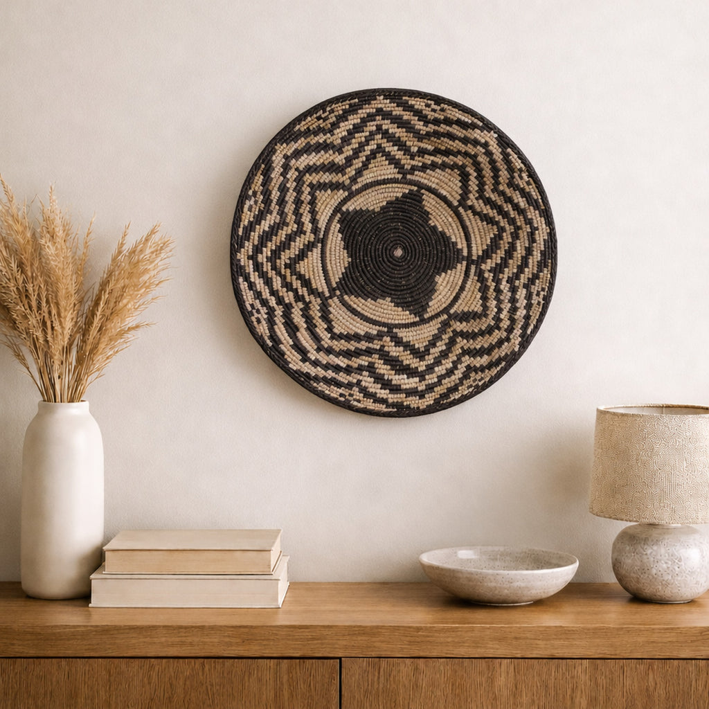 Nightfall woven wall basket displayed on an interior wall
