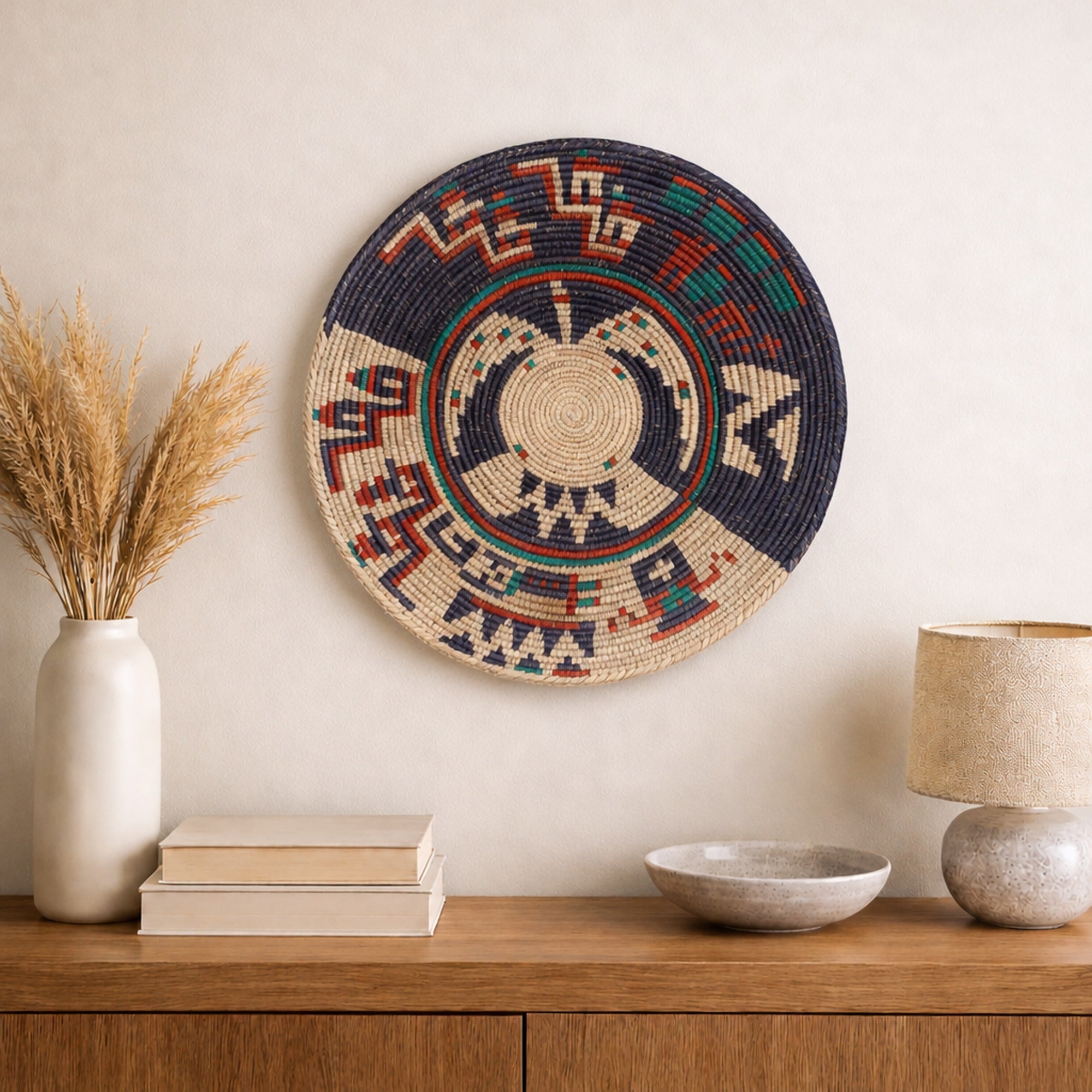 Oceanic Lore Deep woven wall basket displayed on an interior wall