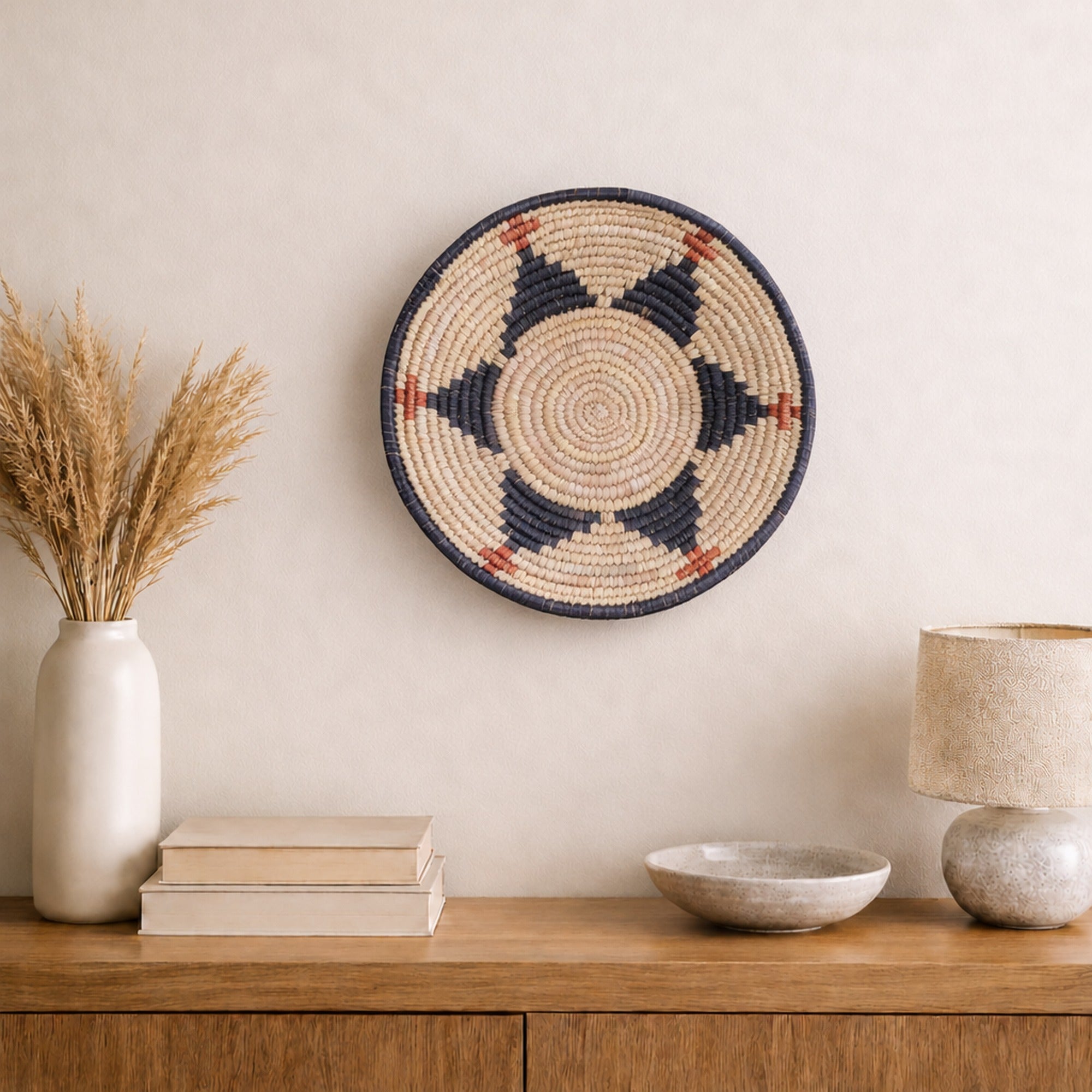 Ritual woven wall basket displayed on an interior wall