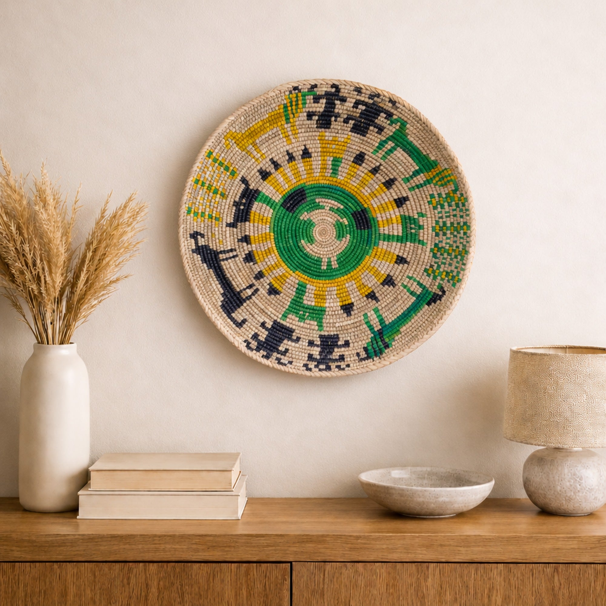 Sacrifice Moss woven wall basket displayed on an interior wall