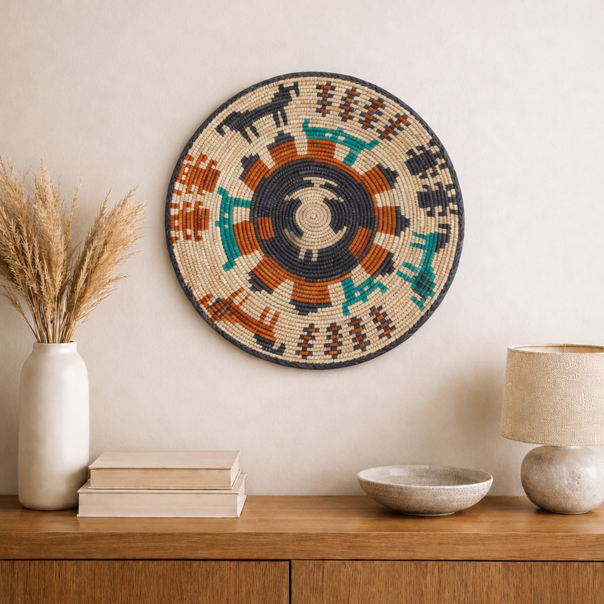 Sacrifice woven wall basket displayed on an interior wall