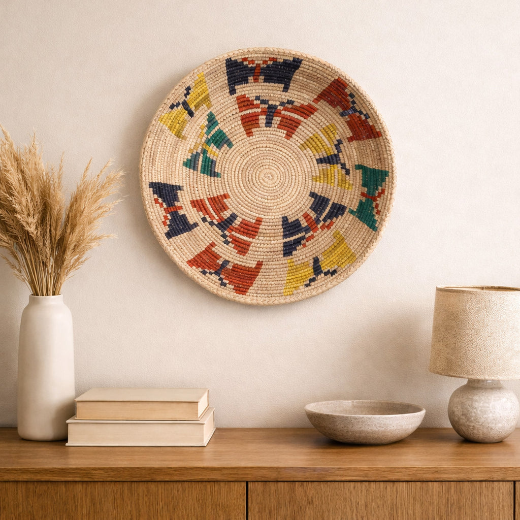 Spring woven wall basket displayed on an interior wall
