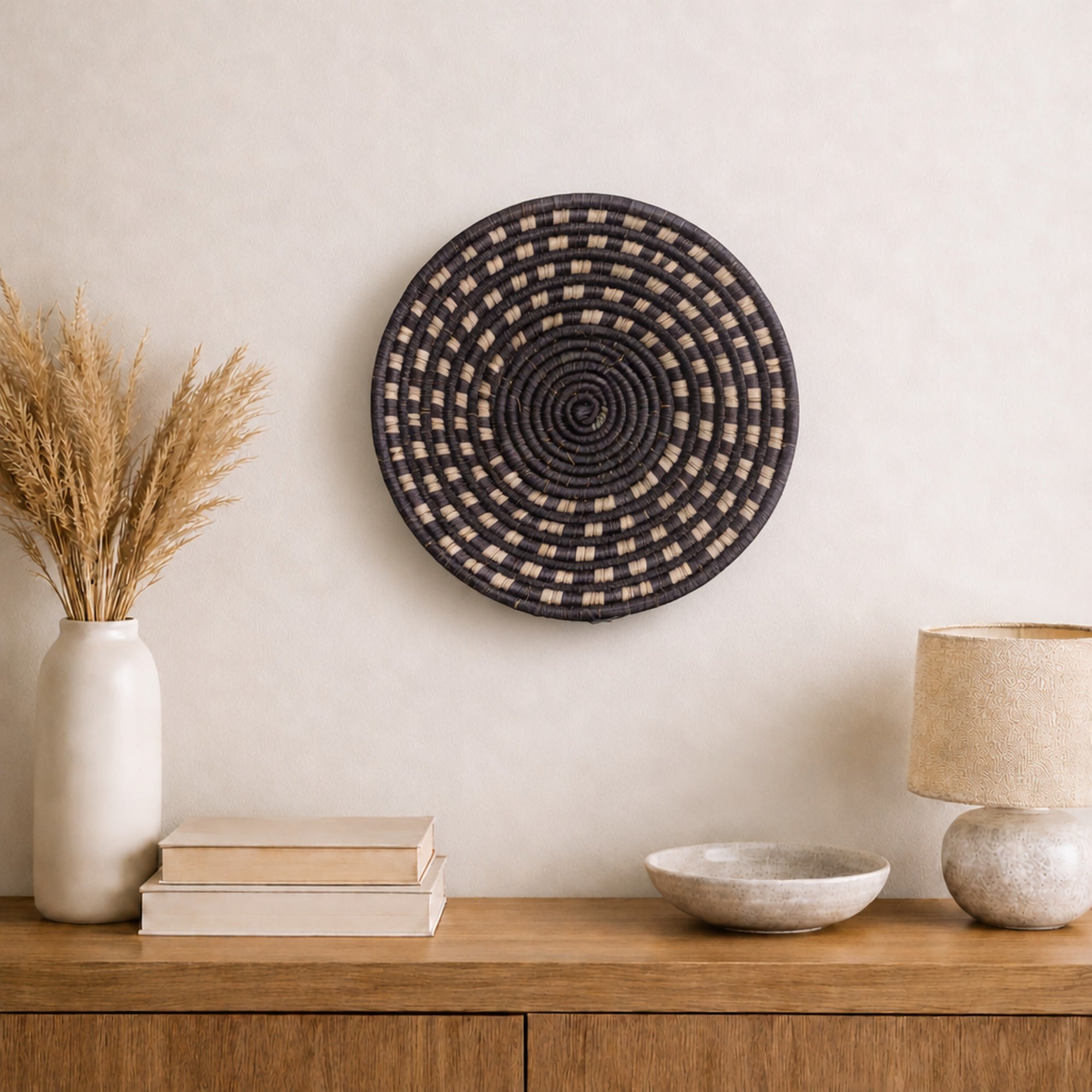 Stellar woven wall basket displayed on an interior wall