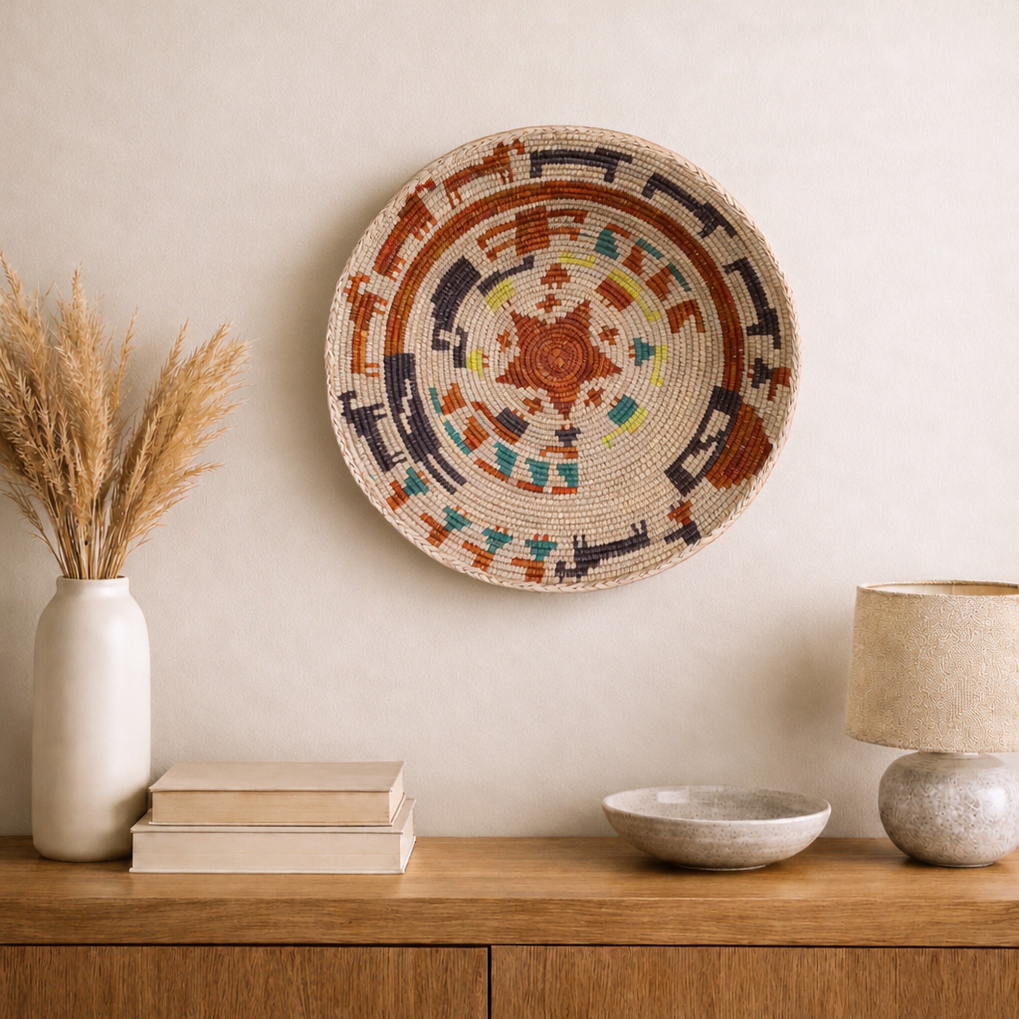 Stories Obsidian woven wall basket displayed on an interior wall