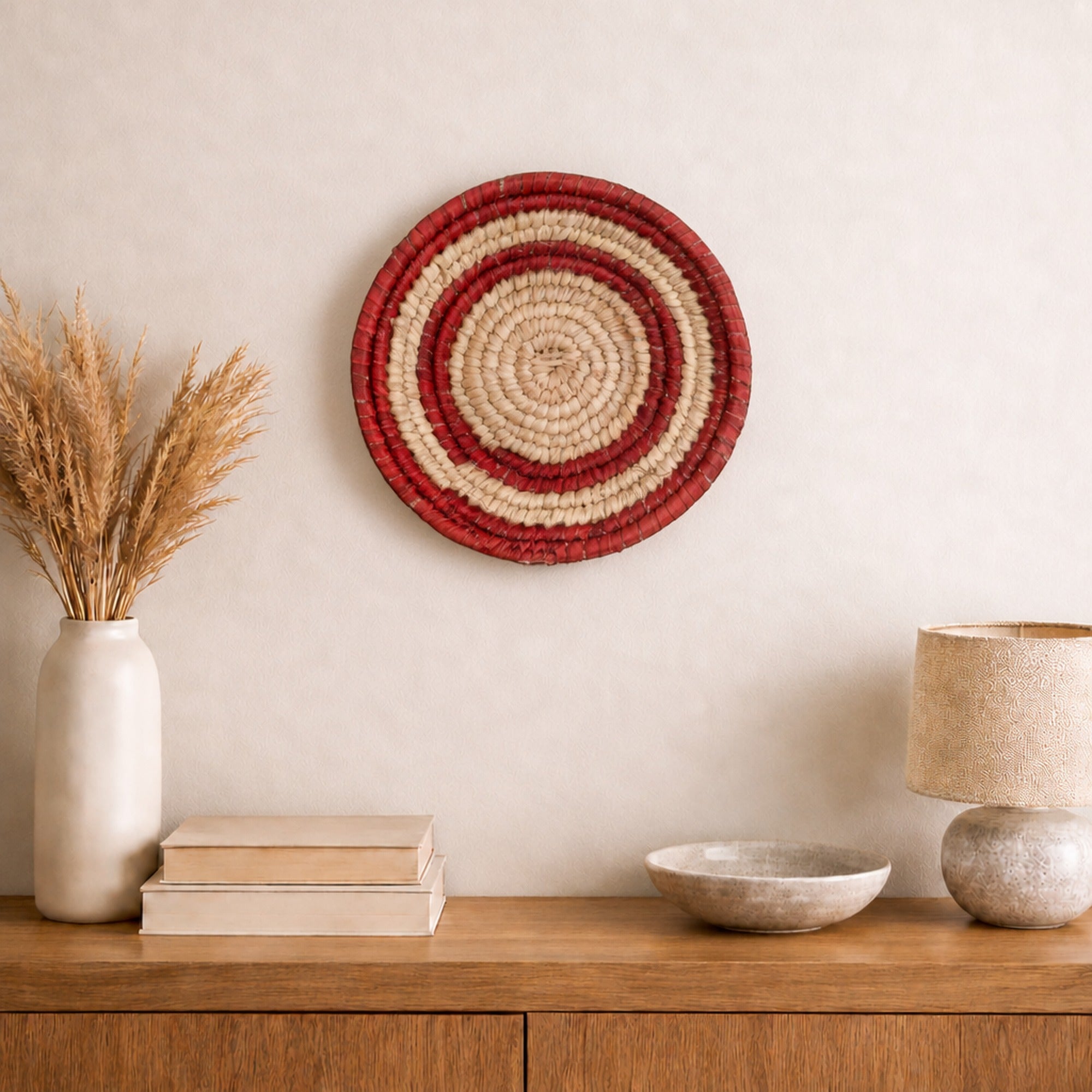 Sunring Blush woven wall basket displayed on an interior wall