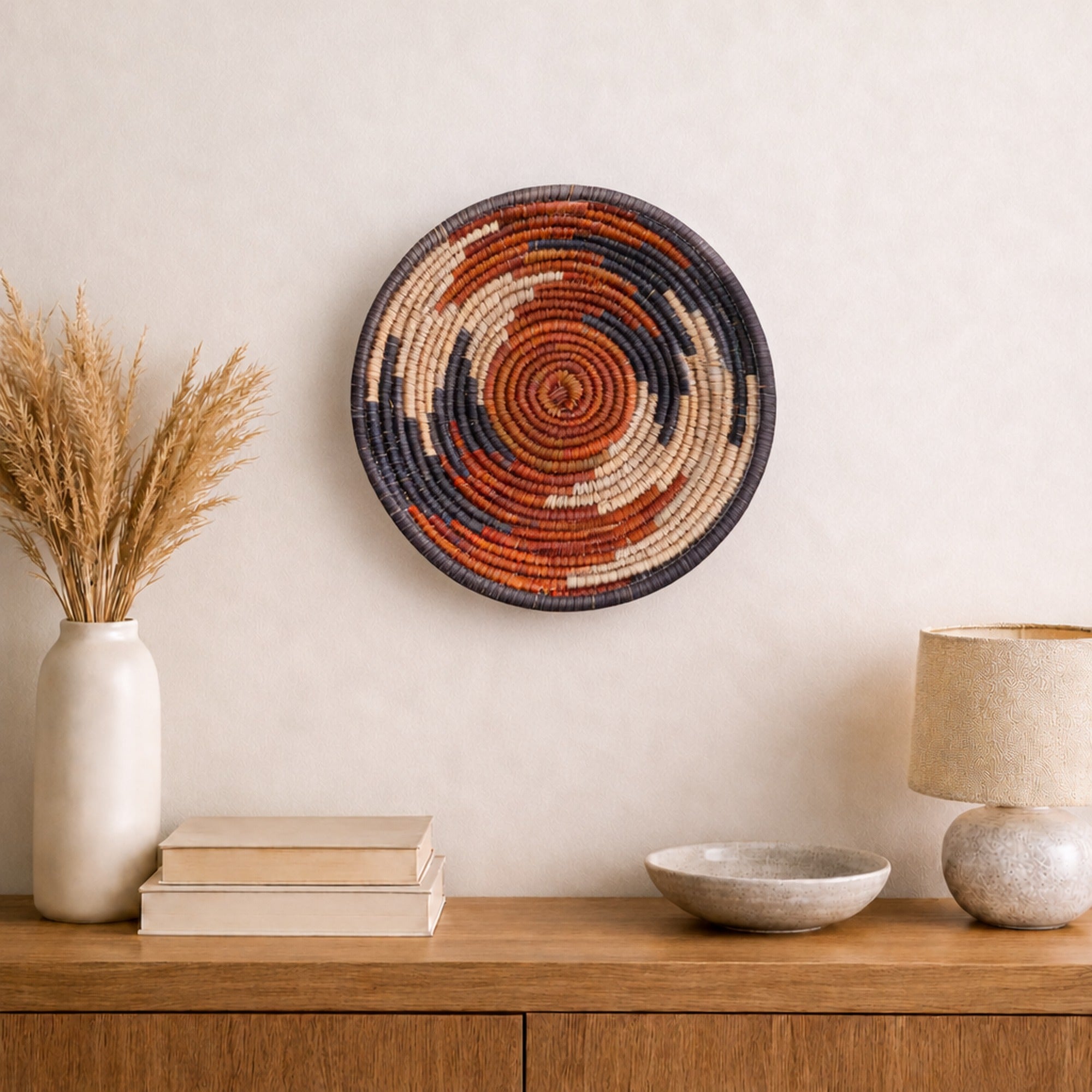 Twilight Arc woven wall basket displayed on an interior wall