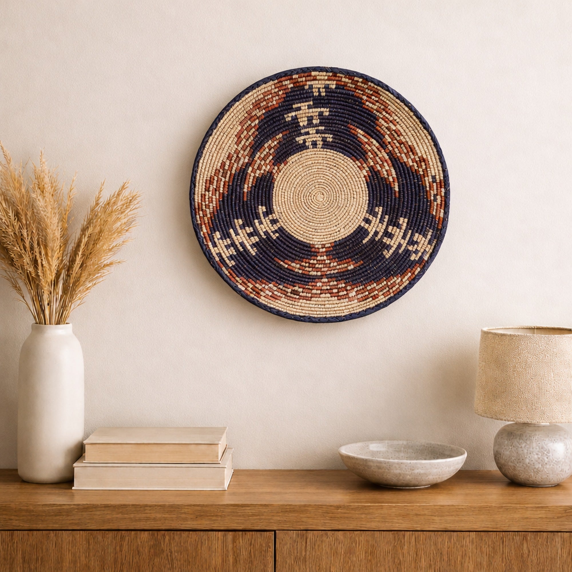 Visitors woven wall basket displayed on an interior wall
